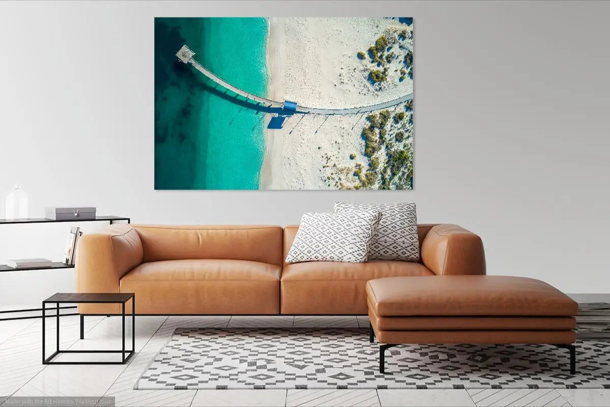 Jurin Bay Wharf wall art with a brown couch and a black and white rug. 