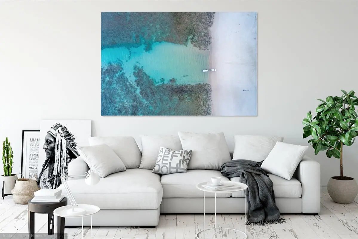 The Boat Channel wall art in a black and white living area