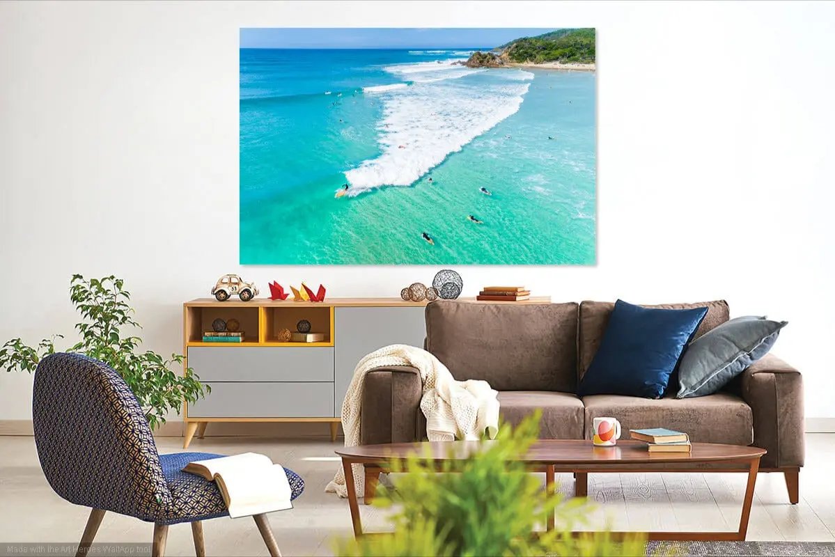 The Pass, Byron Bay wall art set in a multi colour living area